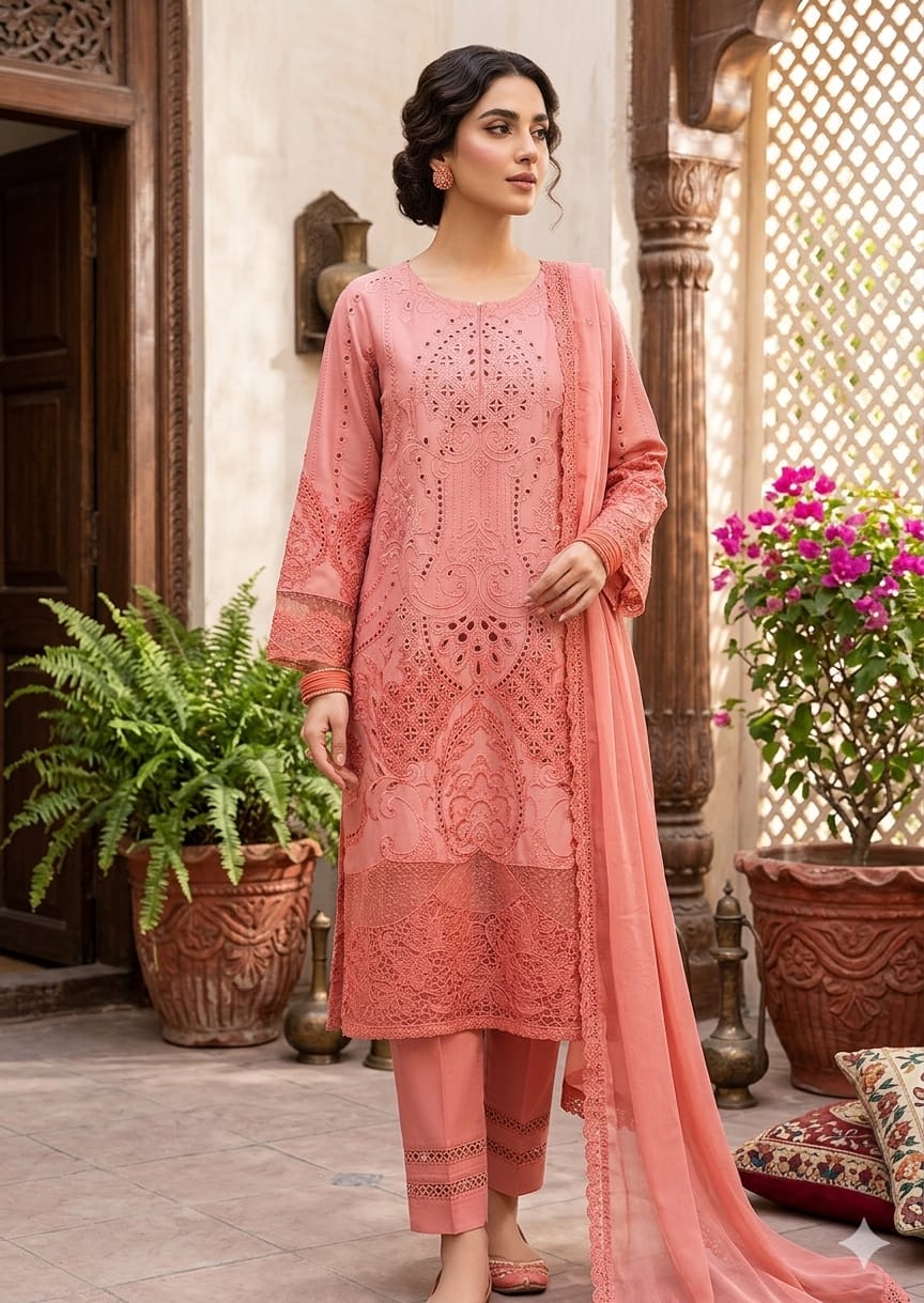 Coral Peach Embroidered 3 Piece Set ๐ธ