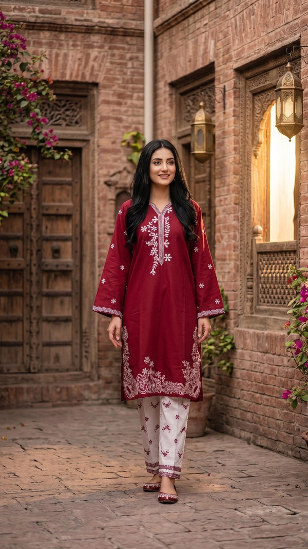 Maroon Embroidered Co-Ord Set