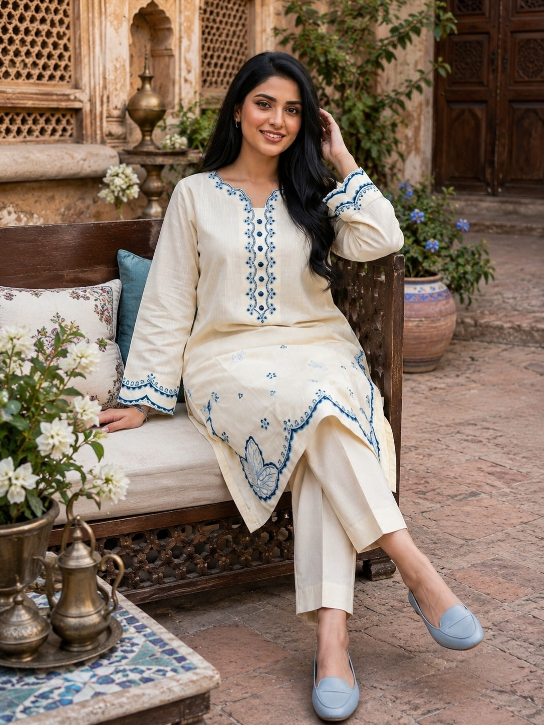 Beige Embroidered Co-Ord Set