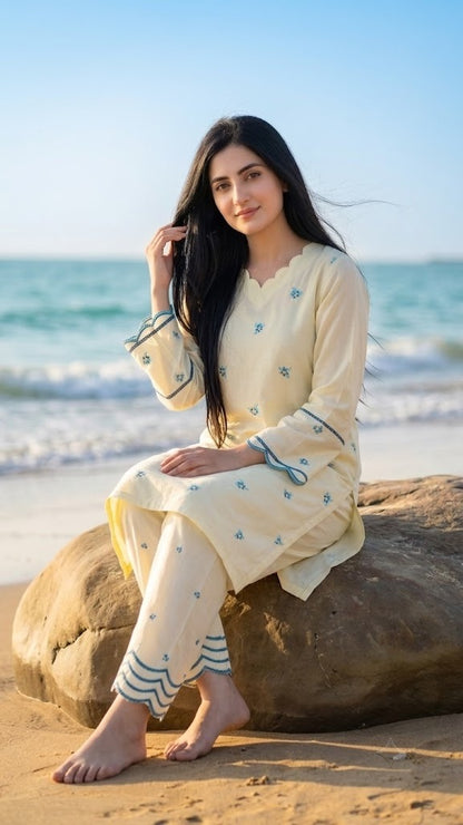 Soft Lemon  Embroidered Co-Ord Set