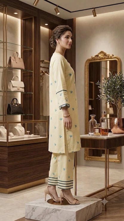 Soft Lemon  Embroidered Co-Ord Set