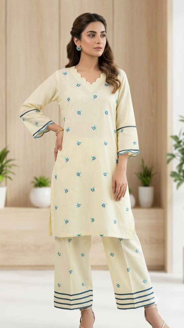 Soft Lemon  Embroidered Co-Ord Set