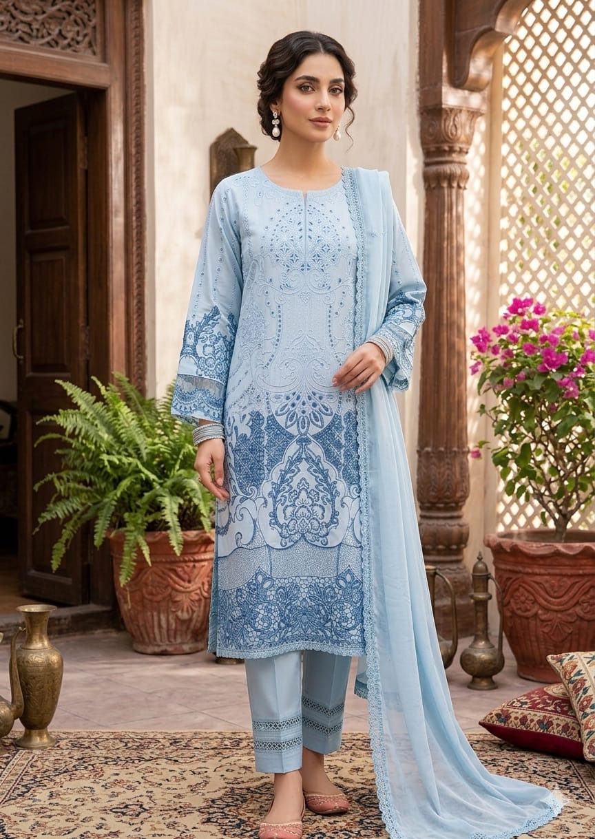 Sky Blue Embroidered Luxury 3 Piece Set 💙
